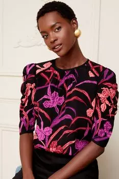 Виктория и Альберта | Топ с короткими рукавами и круглым вырезом черный с цветами Love & Roses, черный