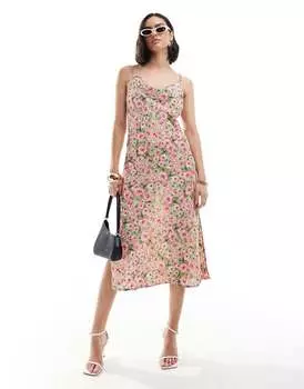 Vila — Атласное платье миди на тонких бретельках с цветочным принтом и перекрещенной спинкой