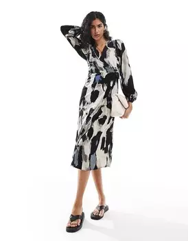 Vila – Платье миди с запахом спереди и синим узором