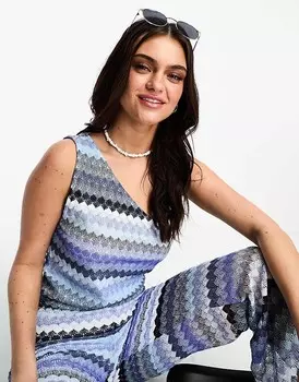 Vila – синий топ на одно плечо с узором «елочка», часть комплекта