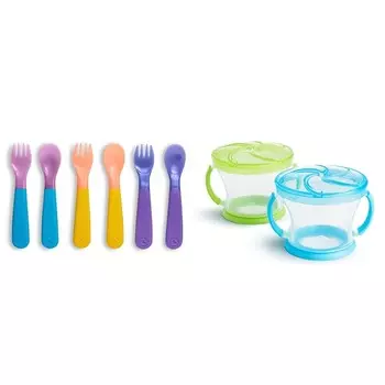 Вилки и ложки для изменения цвета Munchkin® Color Reveal™ для малышей, 6 упаковок и чашки для перекусов для малышей Snack Catcher®, 2 упаковки, синий/зеленый, Multicolor