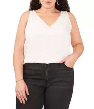 Vince Camuto Майка больших размеров из кованого атласа с v-образным вырезом без рукавов и отделкой стразами, слоновая кость