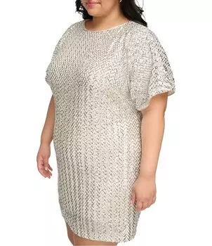 Vince Camuto Платье свободного кроя размера плюс с короткими рукавами и круглым вырезом с пайетками, серебро