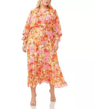 Vince Camuto Плюс Размер Прозрачное шифоновое платье с цветочным принтом и V-образным вырезом с длинными блузками и рукавами-трапецией Многоуровневое платье макси, цветочный