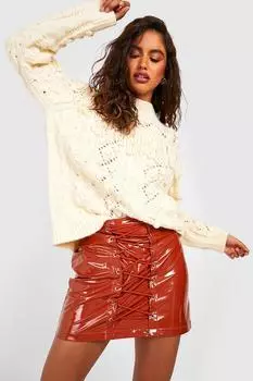 Виниловая мини-юбка на шнуровке Boohoo, ржавый