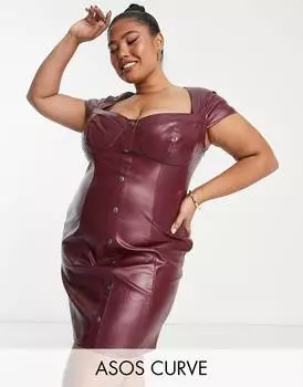 Винное корсетное платье мини с эффектом кожи ASOS DESIGN Curve