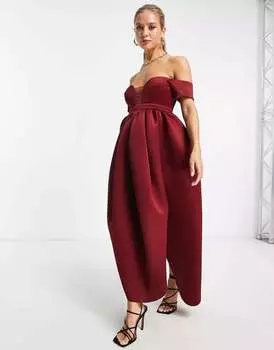 Винное платье макси с открытыми плечами и сетчатыми вставками ASOS