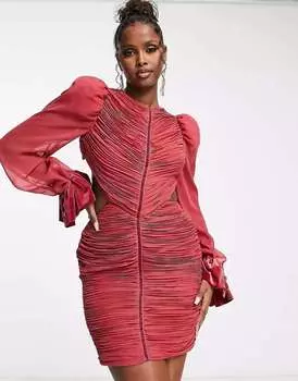 Винное платье мини из шифона со сборками и вырезом на спине ASOS LUXE