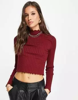 Винный приталенный топ в рубчик с подолом салатного цвета ASOS DESIGN
