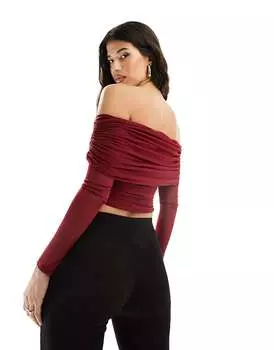 Винный топ из сетки с глубоким вырезом и длинными рукавами ASOS
