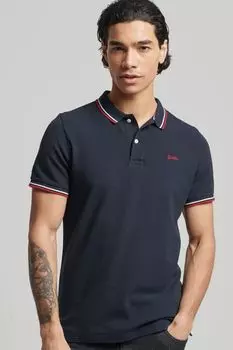 Винтажная черная рубашка-поло с короткими рукавами из натурального хлопка с контрастной отделкой Superdry, синий