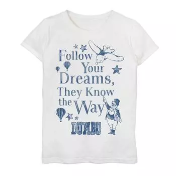 Винтажная футболка с графическим плакатом Disney's Dumbo Girls 7–16 Follow Your Dreams Licensed Character