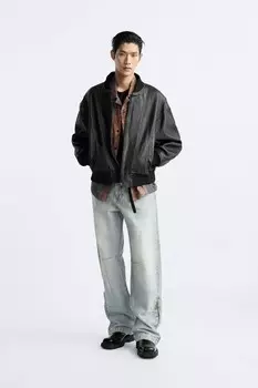 Винтажная кожаная куртка ZARA, черный (Размер L)