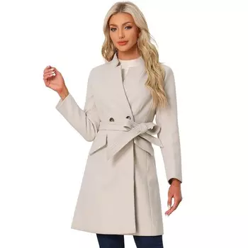 Винтажное пальто с поясом для женщин, зимняя верхняя одежда с воротником-стойкой, пальто ALLEGRA K, бежевый
