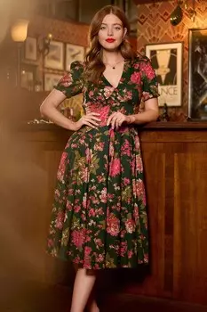 Винтажное платье миди с цветочным узором и V образным вырезом и рукавами фонариками Joe Browns, зеленый