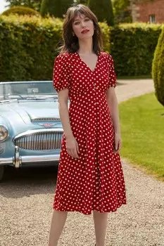 Винтажное платье в горошек длиной до колена с застежкой на пуговицы спереди Joe Browns, красный