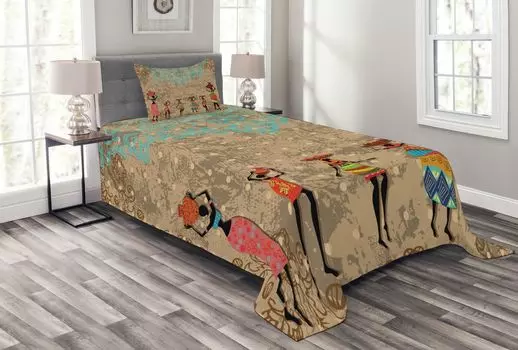 Винтажное покрывало ABAKUHAUS, фольклорный африканский бохо, комплект с моющимися наволочками, для односпальных кроватей 170 x 220 см, морская пена какао
