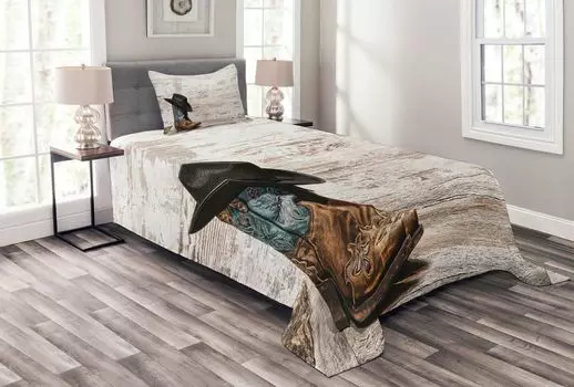 Винтажное покрывало ABAKUHAUS, ковбойская грязная шляпа Rodeo, комплект с моющимися наволочками, для односпальных кроватей 170 x 220 см, коричнево-черный