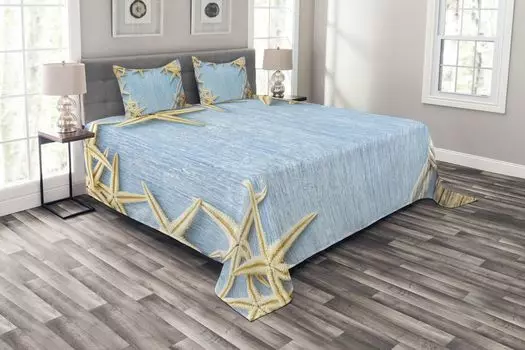 Винтажное покрывало ABAKUHAUS, Maritime Beach Shell, комплект с моющимися наволочками, для односпальных кроватей 220 x 220 см, нежно-голубой, слоновая кость