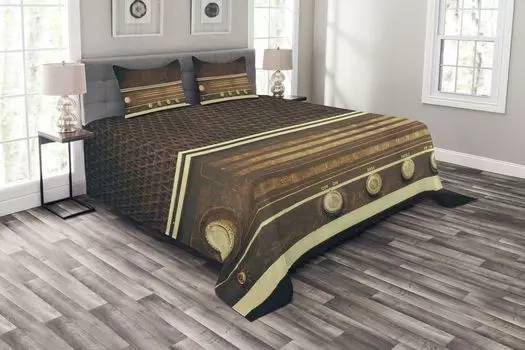 Винтажное покрывало ABAKUHAUS, музыкальный стиль ретро 60-х годов, комплект с моющимися наволочками, для односпальных кроватей 220 x 220 см, коричневый и белый