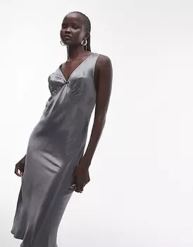 Винтажное серое платье с бретелями Topshop необычной длины