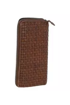 Винтажный плетеный кожаный кошелек на молнии вокруг большого кошелька для монет на 10 карт Ashwood Leather, коричневый