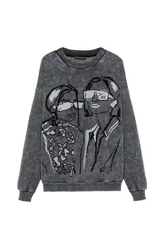 Винтажный свитшот с принтом антрацитового цвета QUZU