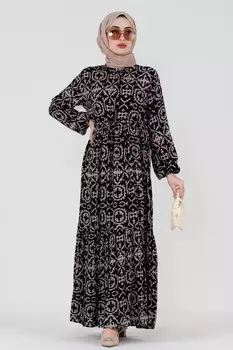 Вискозное платье с этническим узором на талии тоннельное платье из вискозы на талии Sevitli, черный