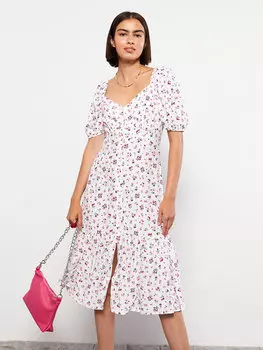 Вискозное женское платье с коротким рукавом и вырезом в форме сердца LCW Casual