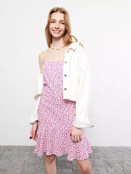 Вискозное женское платье с квадратным воротником и цветочным ремнем LCW Casual