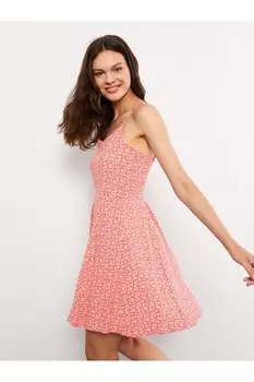 Вискозное женское платье с воротником-сердечком и цветочным ремнем LC Waikiki, розовый