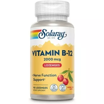 Витамин B-12, 2000 мкг, натуральный вишневый вкус, здоровая энергия и поддержка эритроцитов, 90 пастилок, Solaray