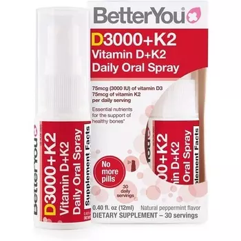Витамин D3000+K2 Ежедневный пероральный спрей Натуральные мультивитамины и поддержка иммунной системы 12 мл - 30 ежедневных доз, Betteryou