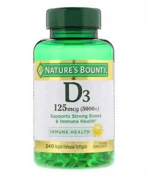 Витамин D3, 125 мкг (5000 МЕ), 240 мягких капсул с быстрым высвобождением, Nature's Bounty