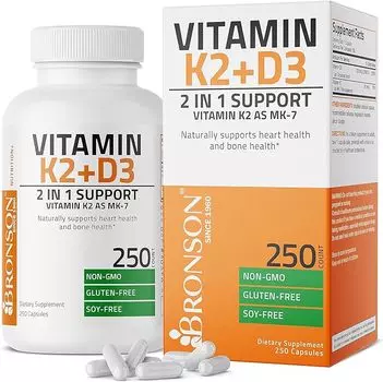 Витамин K2 (MK7) с добавкой D3 Bronson, 250 капсул