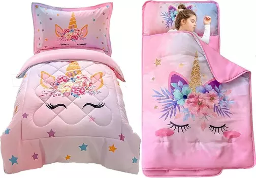 VIVILINEN Набор из 4 предметов со звездами-единорогами Комплект постельного белья для малышей и коврики для сна для малышей в детском саду