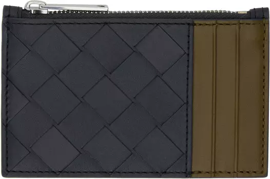 Визитница на молнии Intrecciato черного и хаки цвета Bottega Veneta