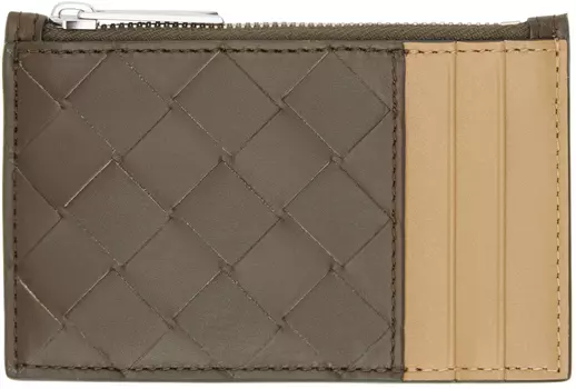 Визитница на молнии с коричнево-загарным узором Intrecciato Bottega Veneta