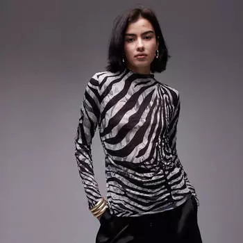 Водолазка Topshop Long Sleeves Ruffles Animal Pattern, черный/белый