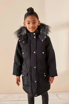 Водонепроницаемая парка-пальто с отделкой из искусственного меха Next, черный