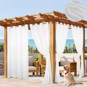 Водонепроницаемая уличная штора в геометрическом стиле, полупрозрачная вуаль. Набор из 2 солнцезащитных штор с люверсами для садовой беседки белого цвета (132 x 274 см). Qelus, белый