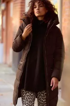 Водонепроницаемое стеганое пальто средней длины с капюшоном Next, коричневый