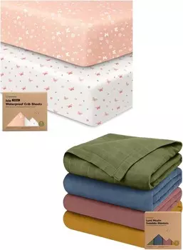 Водонепроницаемые простыни для кроватки Keababies для мальчиков и девочек и 4 комплекта муслиновых пеленальных одеял для мальчиков и девочек — 2 комплекта простыней для детской кроватки