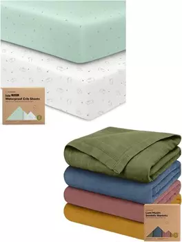 Водонепроницаемые простыни для кроватки Keababies для мальчиков и девочек и 4 комплекта муслиновых пеленальных одеял для мальчиков и девочек — 2 комплекта простыней для детской кроватки