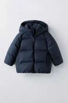 Водоотталкивающая стеганая куртка с капюшоном ZARA, темно-синий