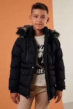 Водостойкое зимнее пальто со съемным капюшоном на плюшевой подкладке 5760022 Lela, темно-синий