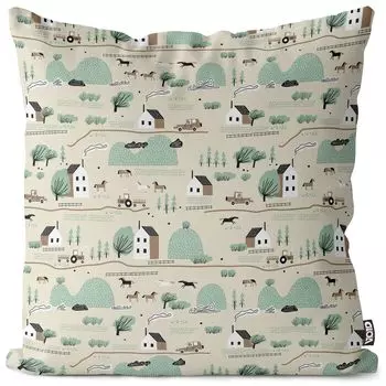 VOID Ферма Пейзаж Лошади Чехол на подушку Полиэстер Водонепроницаемая подушка для улицы и дома Размер: 60 x 60 см