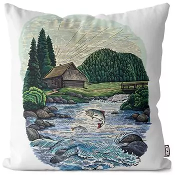 VOID Горное озеро Пейзаж Чехол на подушку Полиэстер Водонепроницаемая подушка для улицы и дома Размер: 80 x 80 см