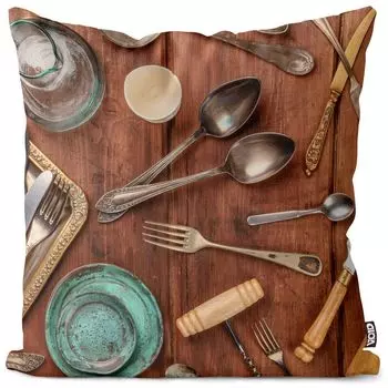 VOID Винтажные столовые приборы. Наволочка для еды. Чехол на подушку из полиэстера. Водонепроницаемая подушка для улицы и дома. Размер: 80 x 80 см.