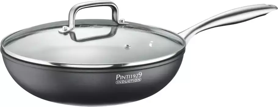 Вок PINTINOX "ST1", алюминий, 3-х слойное антипригарное покрытие, включая стеклянную крышку, 28 см, индукция 28 см + высота 7,3 см, черный